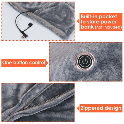 59 Plus 31in USB Heated Blanket Electric Heated Blanket Heated Poncho Shawl Wrap Throw With Zipper Washable For Home Office